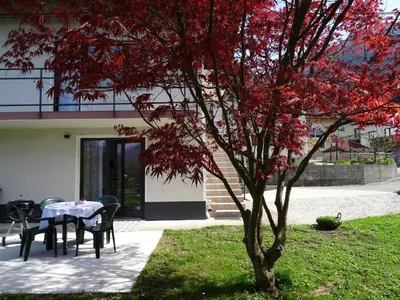 a table and chairs next to a tree with red leaves at Apartment Josephine in Tolmin