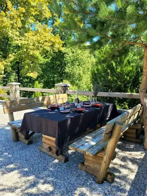 a picnic table with a black table cloth on it at Babičina hišica in Mišji Dol