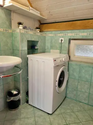 a washing machine in a bathroom with a sink at Babičina hišica in Mišji Dol