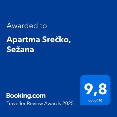 a screenshot of a cell phone with the text awarded to aparna greebia at Apartma Srečko, Sežana in Sežana