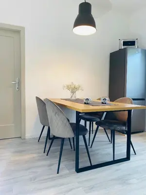 a dining room table with chairs and a black refrigerator at Apartma Srečko, Sežana in Sežana