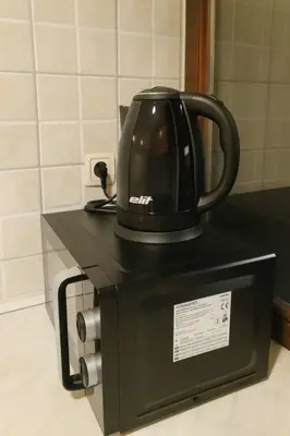 a black tea kettle sitting on top of a microwave at Brunarica Dolce Vita 85 in Brežice