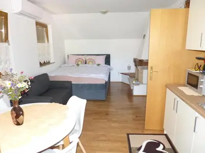 a small living room with a bed and a table at Vineyard cottage Mavrica in Dragatuš