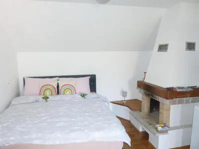 a bedroom with a bed and a fireplace at Vineyard cottage Mavrica in Dragatuš