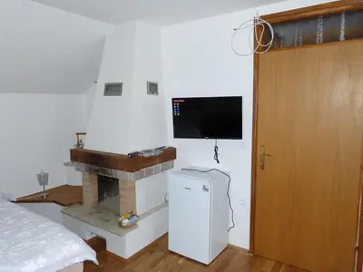 a bedroom with a fireplace and a tv on the wall at Vineyard cottage Mavrica in Dragatuš