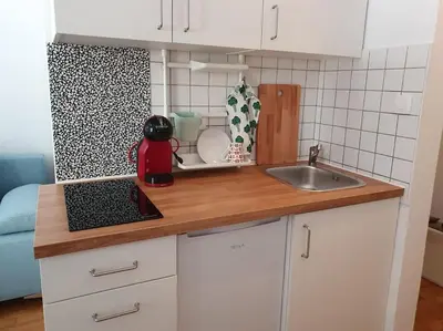 a kitchen with a sink and a counter top at Happy Vibes apartment, charming & with free parking in Ljubljana