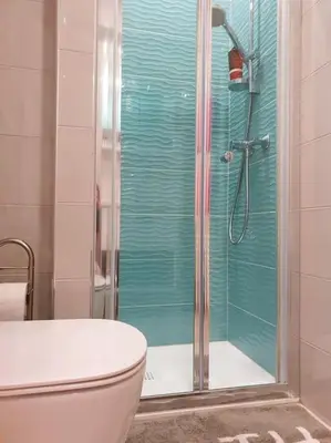 a bathroom with a toilet and a glass shower at Happy Vibes apartment, charming & with free parking in Ljubljana