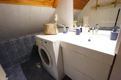 a bathroom with a washing machine and a sink at APARTMAJI-SOBE-PRI UKCU Bohinj in Bohinj