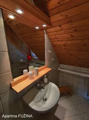 a bathroom with a sink and a wooden ceiling at Apartments Cesar in Bohinj