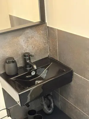 a black sink in a bathroom with a mirror at INDUSTRIAL ZONE-STUDIO 3 in Ljubljana