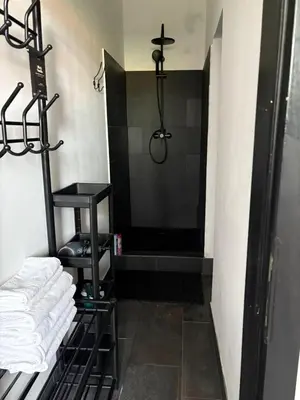 a bathroom with a shower and a toilet with towels at INDUSTRIAL ZONE-STUDIO 3 in Ljubljana