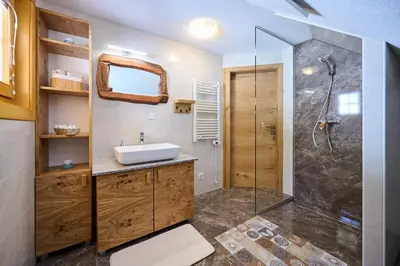 a bathroom with a sink and a shower at Cottage Osojnik - Alpine escape with Wellness in Solčava