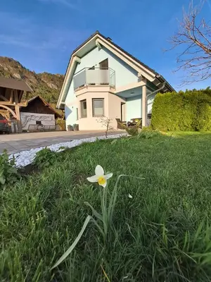 a flower in the grass in front of a house at Bella Apartment in Žirovnica
