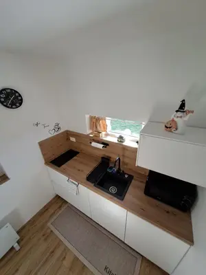 a kitchen with a counter with a sink and a window at Bella Apartment in Žirovnica