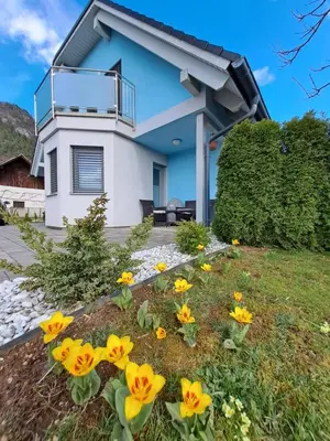 a house with yellow flowers in front of it at Bella Apartment in Žirovnica