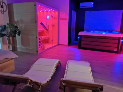 two beds in a room with pink and purple lights at Spa Hera in Šmartno pri Litiji