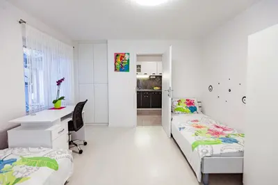 a bedroom with two beds and a desk in it at Cute tiny house in Ljubljana