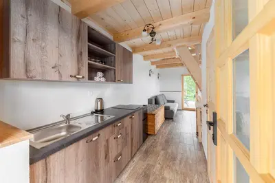 a kitchen with wooden cabinets and a sink at Pr' Končovc in Kranj
