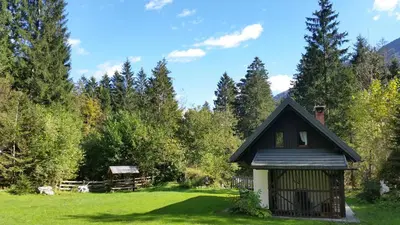 a small cabin in the middle of a field with trees at Počitniška hiša Ukanc in Bohinj