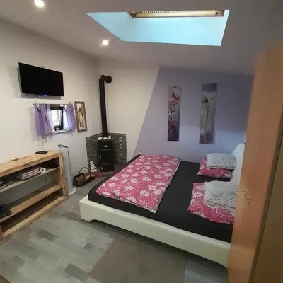 a bedroom with a bed and a flat screen tv at Apartma Lavanda in Dramlje