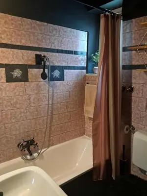 a bathroom with a shower and a tub and a sink at Apartment Baci for 4 guests in Ljubljana