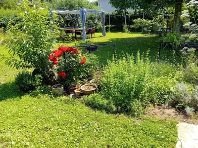 a garden with flowers and plants in the grass at Apartment Baci for 4 guests in Ljubljana
