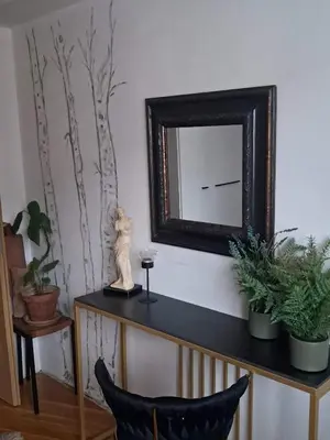 a mirror sitting on top of a table with plants at Apartment Baci for 4 guests in Ljubljana