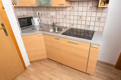 a small kitchen with a sink and a microwave at Apartments Žnidar in Bohinj