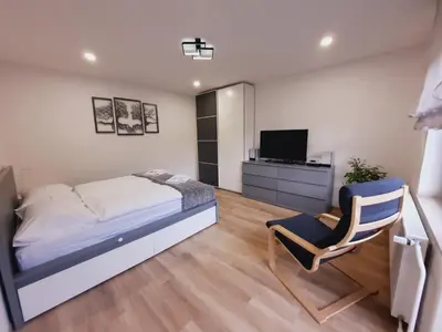 a bedroom with a bed and a tv and a chair at Apartment Break in Rob