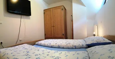 a bedroom with two beds and a tv on the wall at Apartments Pod macesnovo streho in Solčava