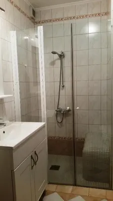 a bathroom with a shower and a sink at Apartments Pod macesnovo streho in Solčava