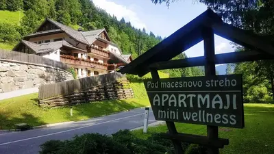 a sign in front of a house on the side of a road at Apartments Pod macesnovo streho in Solčava