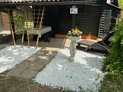 a vase filled with flowers sitting on top of gravel at Green Sky House in Mostec
