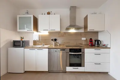 a kitchen with white cabinets and stainless steel appliances at Apartma Jana in Žirovnica