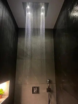 a bathroom with a shower with a shower head at Apartma ROGATEC in Rogatec