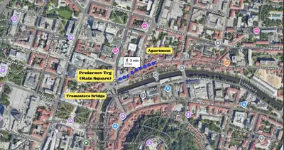 a map of a city with roads and buildings at Nick & Klaras Central Apartments in Ljubljana