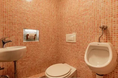 a bathroom with a toilet and a sink and a urinal at Apartments Lavrič in Velike Bloke