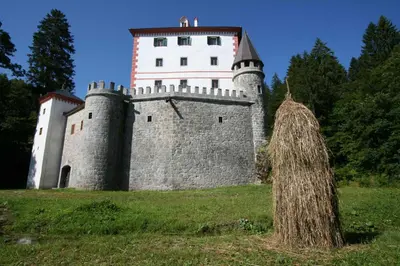 a castle sitting on top of a lush green field at Apartments Lavrič in Velike Bloke