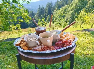 a plate of food on a table in the grass at Hiška Gmajna in Slovenj Gradec