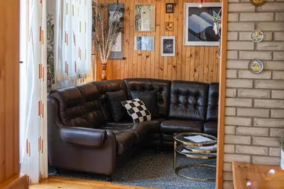 a brown leather couch sitting in a living room at Hiška Gmajna in Slovenj Gradec