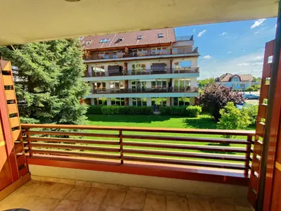 a balcony with a view of a building at Apartment Marusa in Moravske Toplice