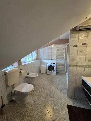 a bathroom with a toilet and a washing machine at Oddih v mirnem in zelenem okolju in Škofljica