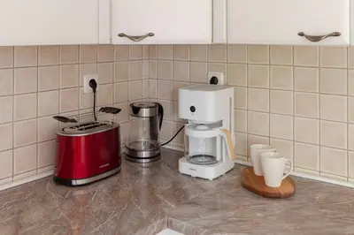 a kitchen counter with a coffee maker on a counter top at Cozy Garden Flat in Ljubljana