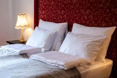 a bed with white pillows and a table with a lamp at Herga Wine Estate - Old lady - Holiday Home in Ivanjkovci