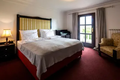 a bedroom with a bed and a chair and a window at Herga Wine Estate - Old lady - Holiday Home in Ivanjkovci
