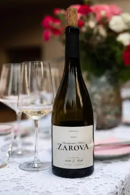 a bottle of wine sitting on a table with glasses at Zarova Apartment with wine tasting experience in Kojsko