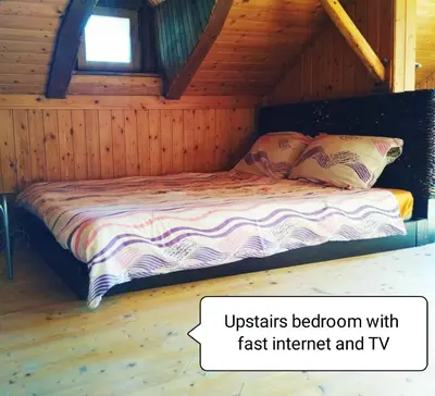 a bed in a wooden cabin with a window at Tree house Ramona & Fairytale wooden house by Ljubljana in Grosuplje