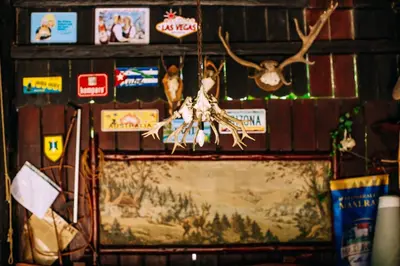 a wall with antlers and signs on it at Guest House Kraljev Hrib in Kamniška Bistrica