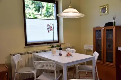 a white dining room table with white chairs and a window at Apartment JANG in Tolmin