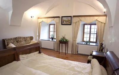 a bedroom with a bed and a couch and two windows at Grad Tuštanj in Moravče